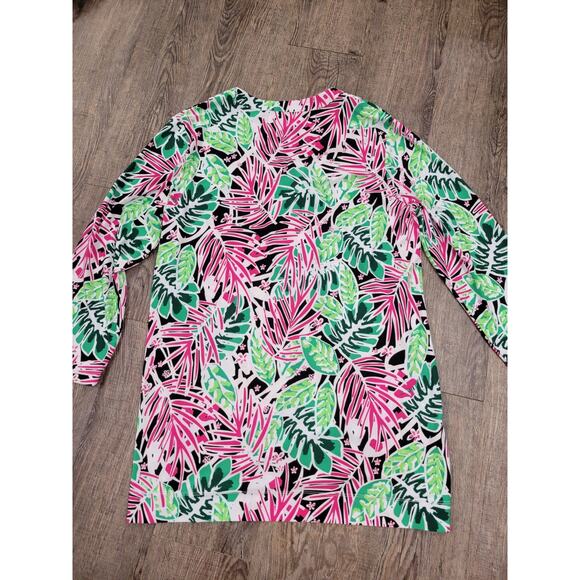 Pappagallo Stretch Flowy Top Large Long Sleeve Tropical Green Black Pink L - Picture 6 of 6